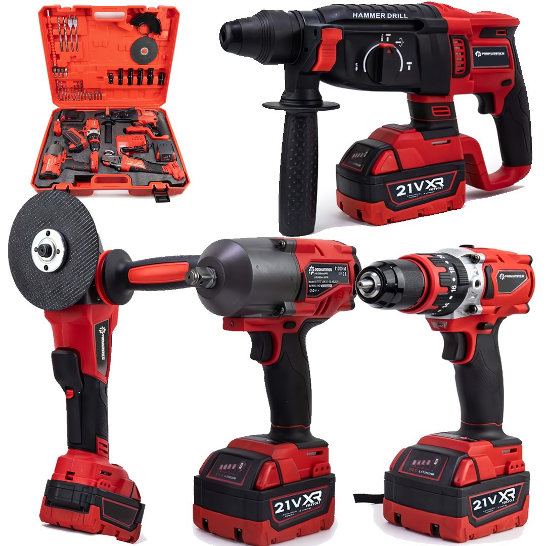 Prohummer PH303 Profesyonel Yeni Kırmızı 4lü Set Makine - 1100Nm Somun Sökme, Kırıcı Delici, 125mm Avuç Taşlama, 13mm Vidalama Matkap